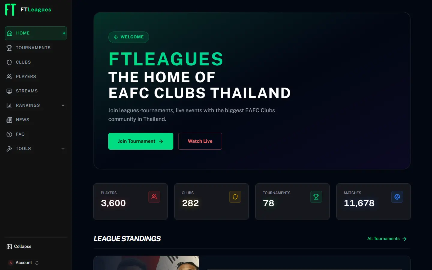 FTLeagues homepage — EAFC Clubs Thailand hero and community stats